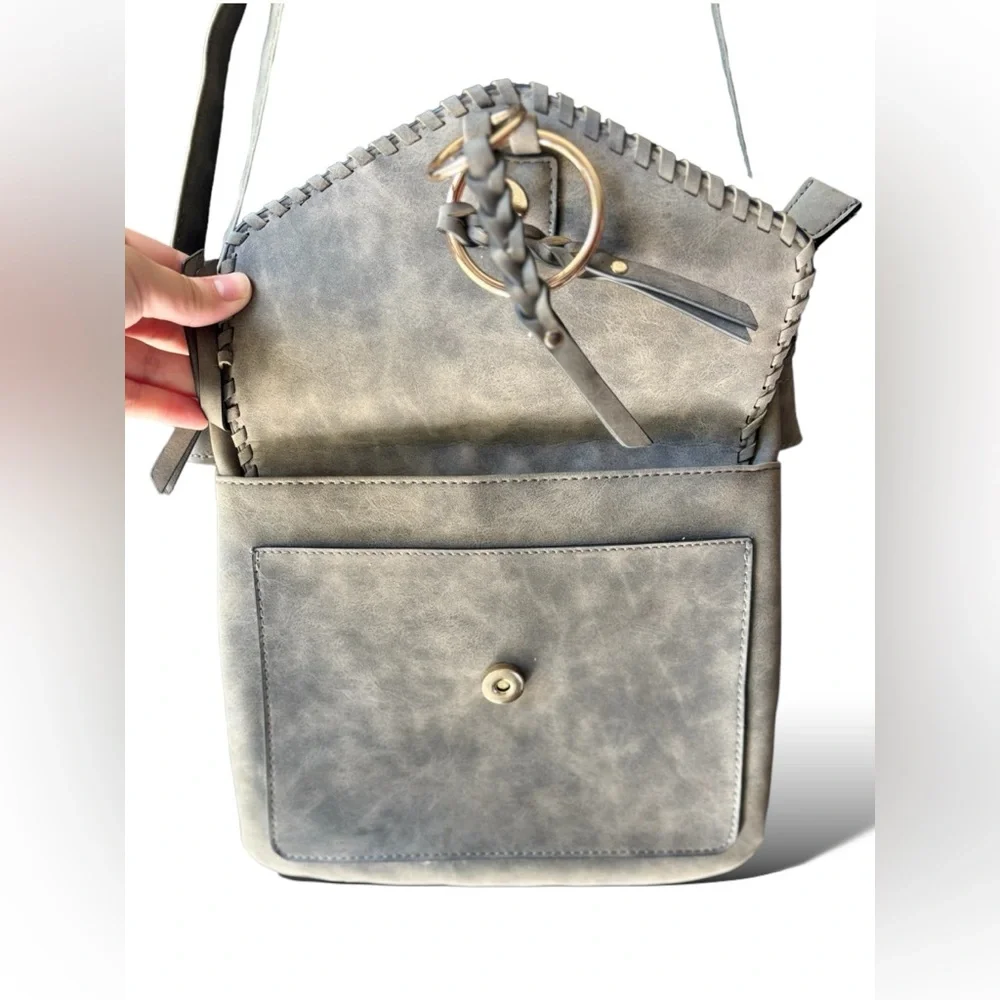 SOLD- VR NYC Braided O-Ring Messenger Crossbody Bag - Light Gray - Picture 4 of 16